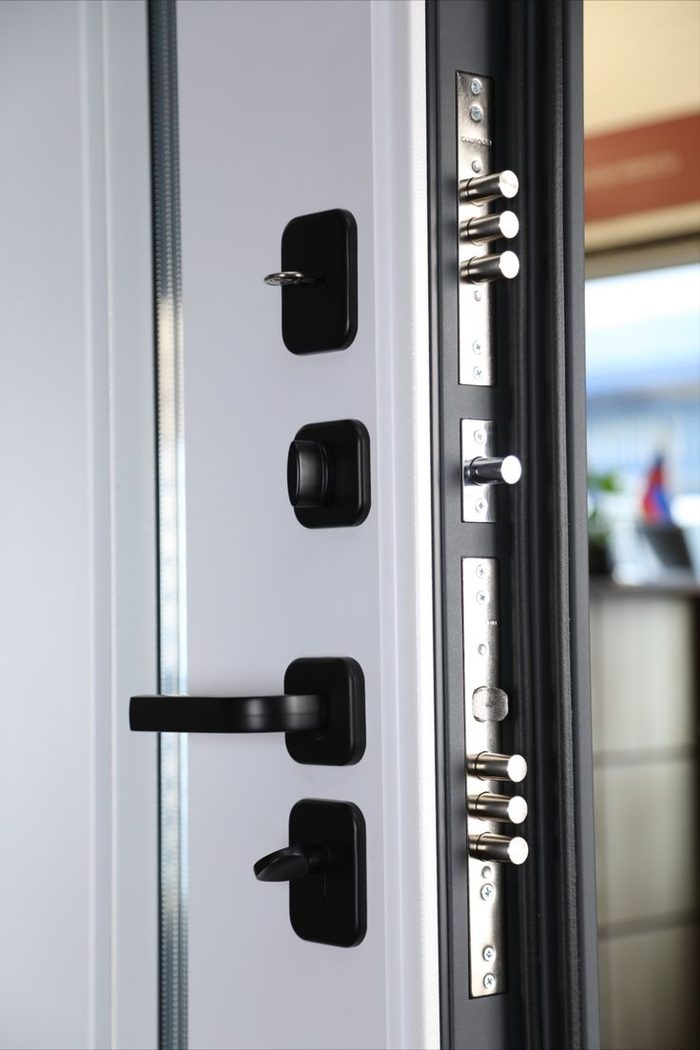 Détail d'une porte blindée avec serrure multipoint et paumelles anti-dégondage à Liège